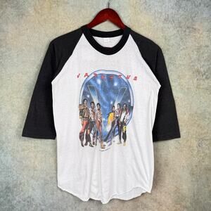 VTG 1984 Jackson 5 Band Raglan T Shirt Sz L White Black Double Sided 3/4 Sleeve